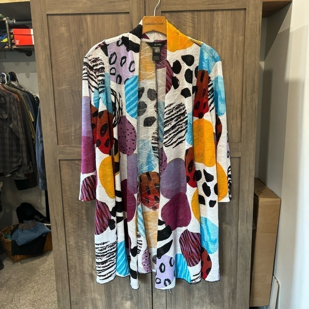 Ali Miles‎ Large Cardigan Sweater Artsy Stretch knit Open Front